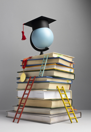 front-view-stacked-books-graduation-cap-ladders-education-day